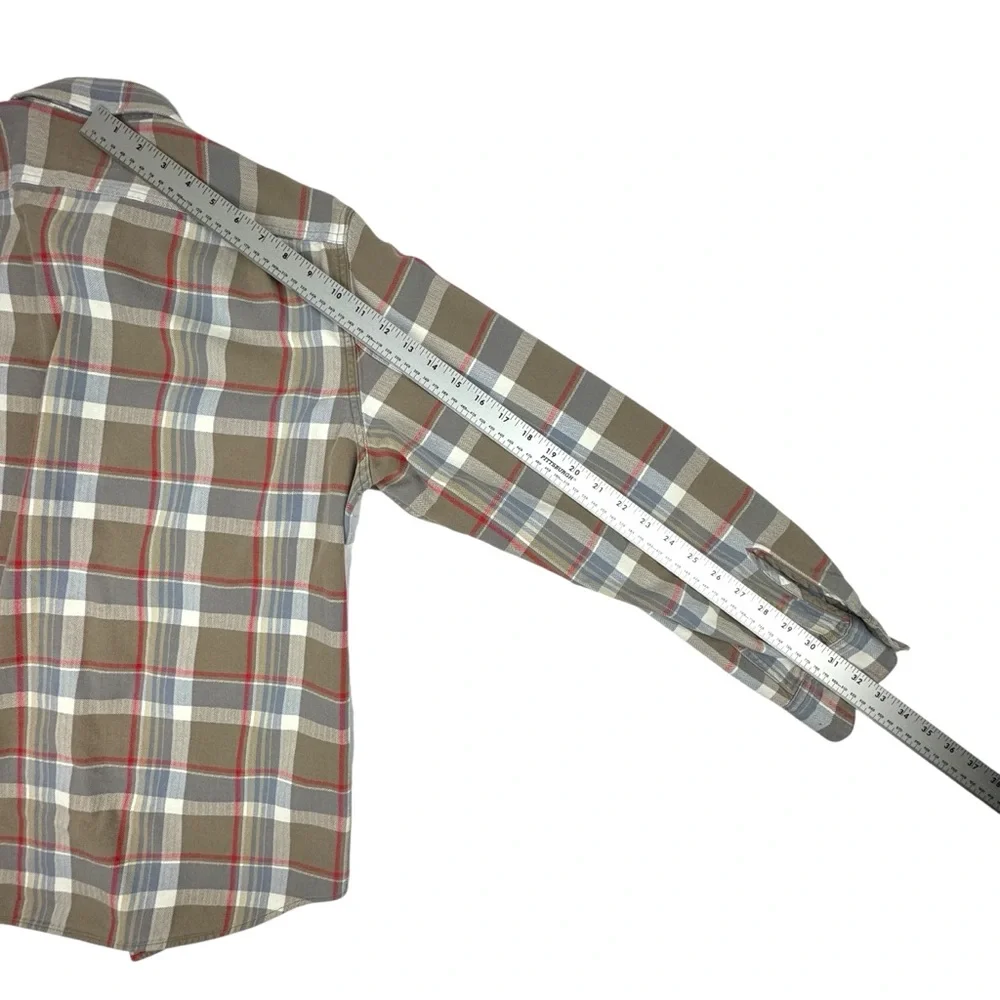J. Crew Plaid Shirt Men's Large Tan Gray Red Flannel Button-up 100% Cotton Soft